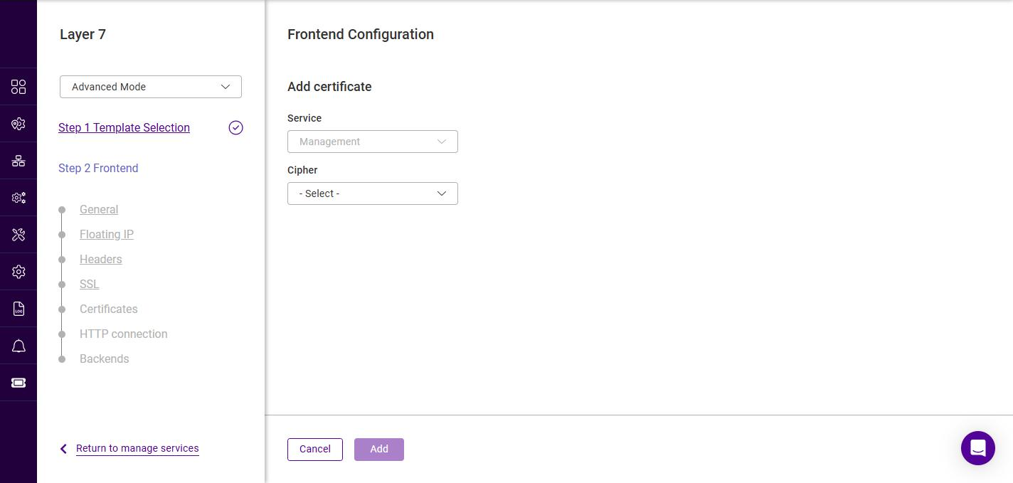 l7 frontend select certificate