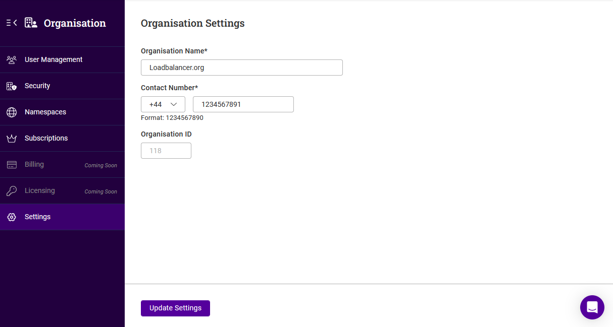 organisation settings