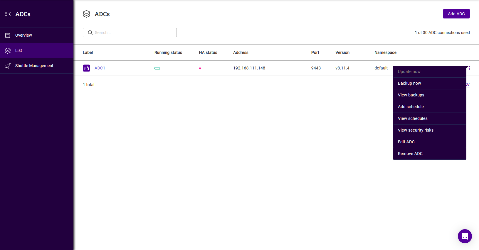 view adc actions menu