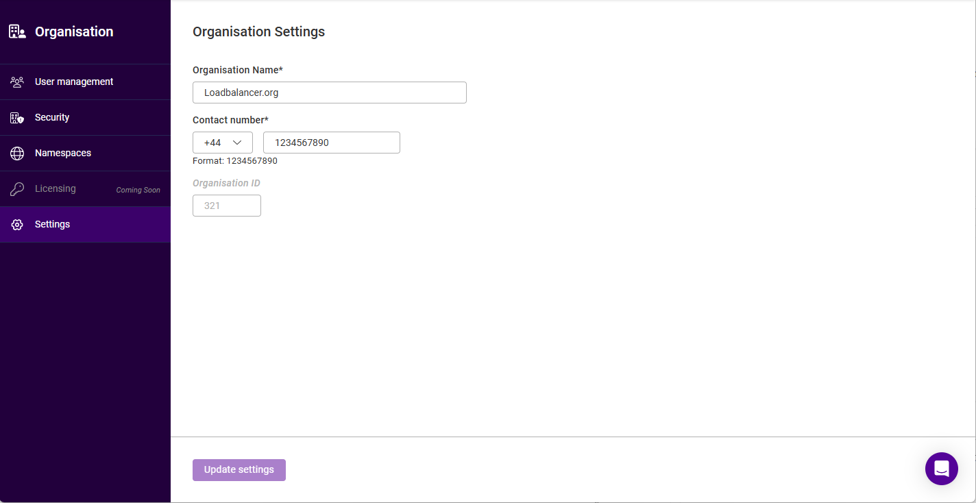 organisation settings