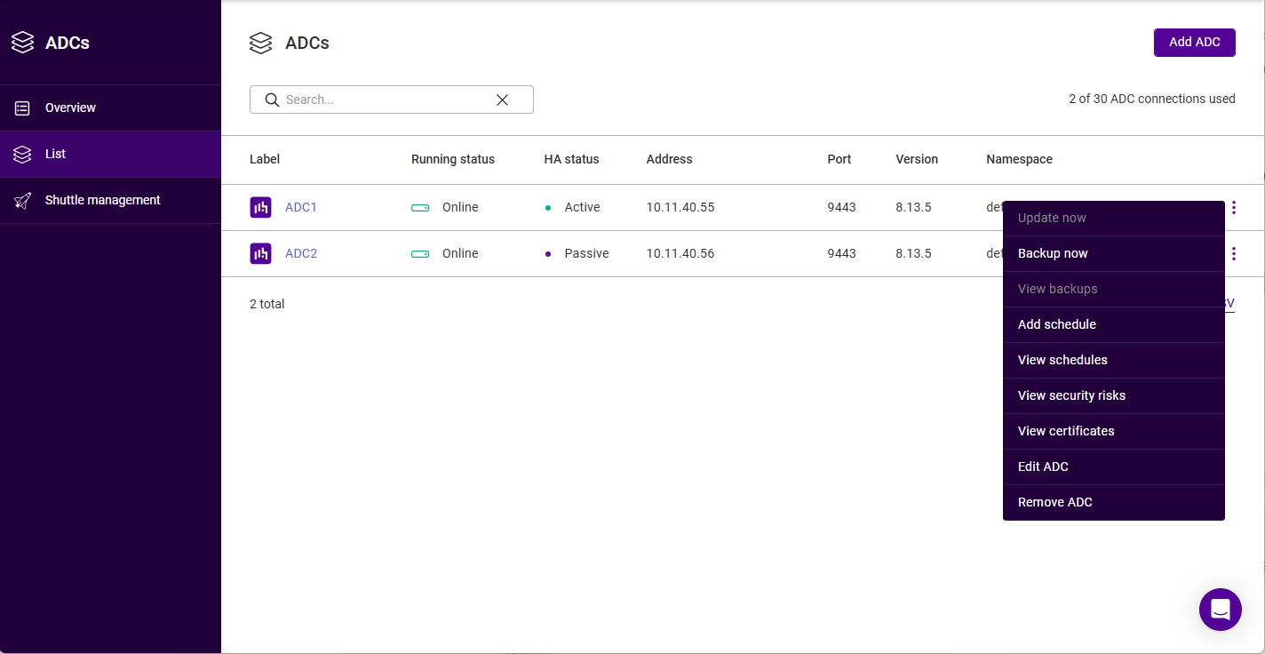 view adc actions menu